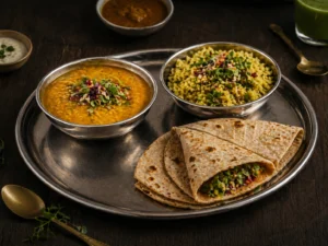 Healthy Indian meal platter featuring dal, poha, and stuffed rotis served on a steel tray.