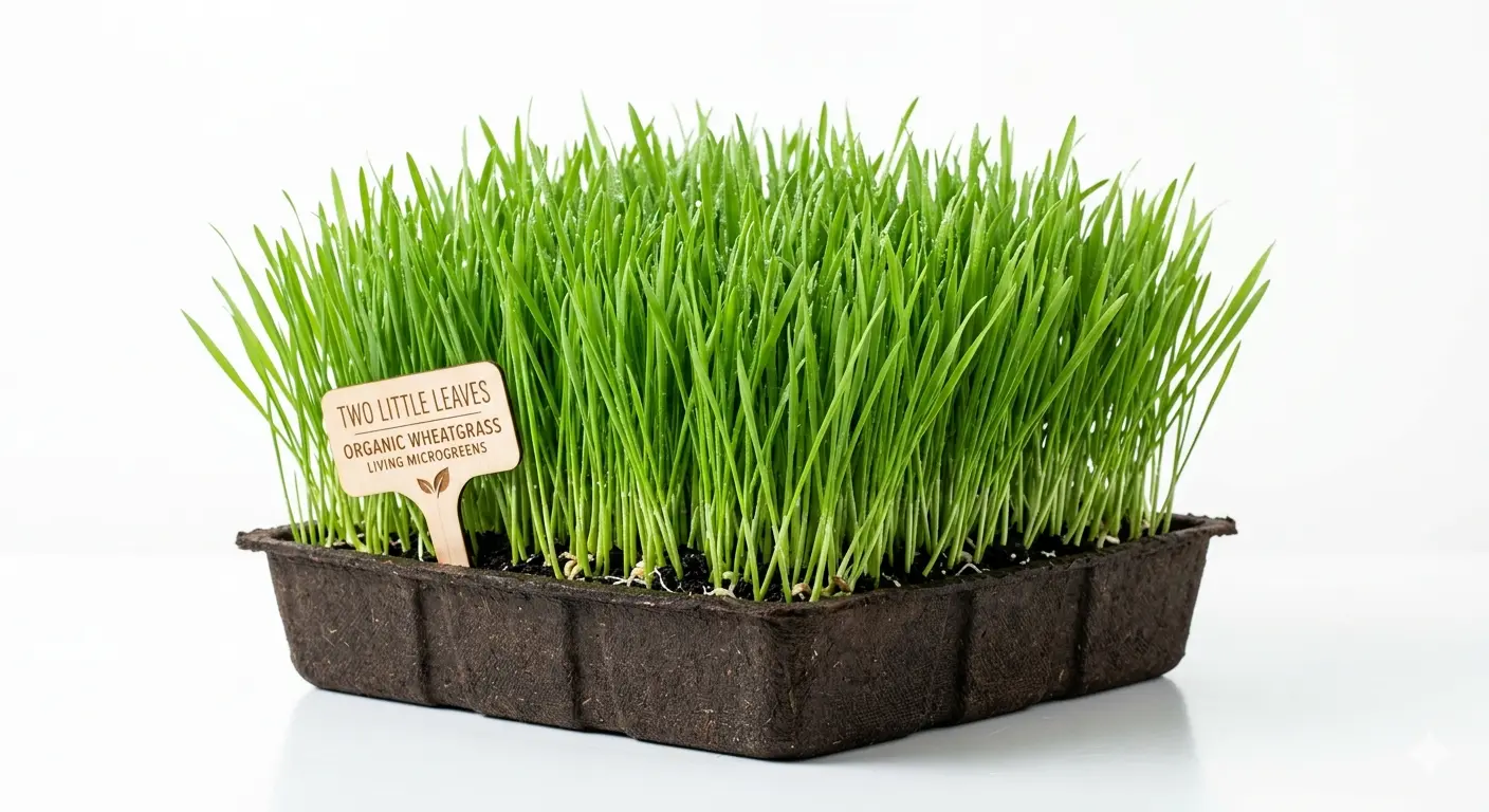 Two Little Leaves fresh organic wheatgrass microgreens growing tray on a clean white background